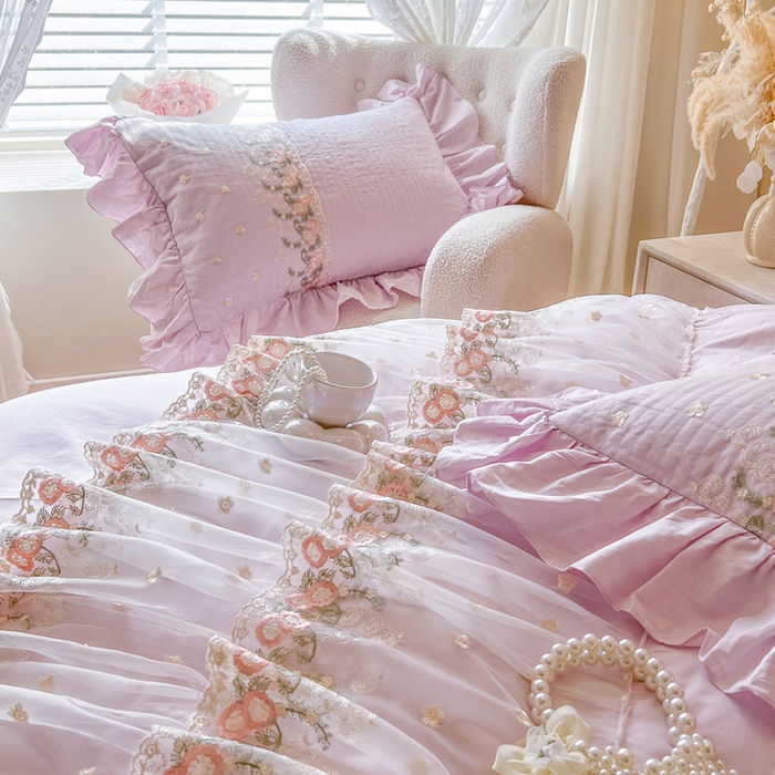 91家纺网 家纺一手货源 找家纺 瑞宝 2025新款全棉花边床裙四件套系列-落日甜茶（控价308起） 落日甜茶-甜紫