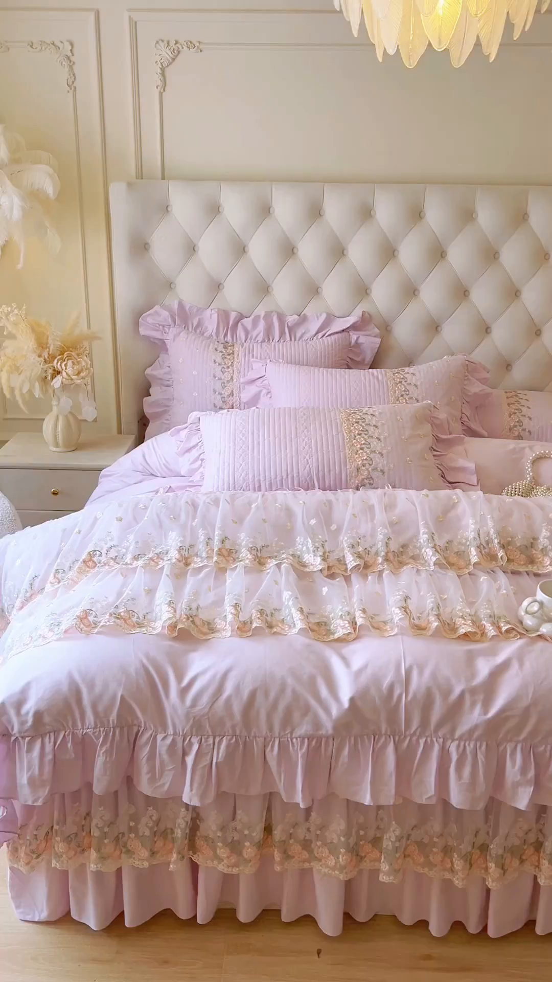 91家纺网 家纺一手货源 找家纺 瑞宝 2025新款全棉花边床裙四件套系列-落日甜茶（控价308起） 落日甜茶-甜紫