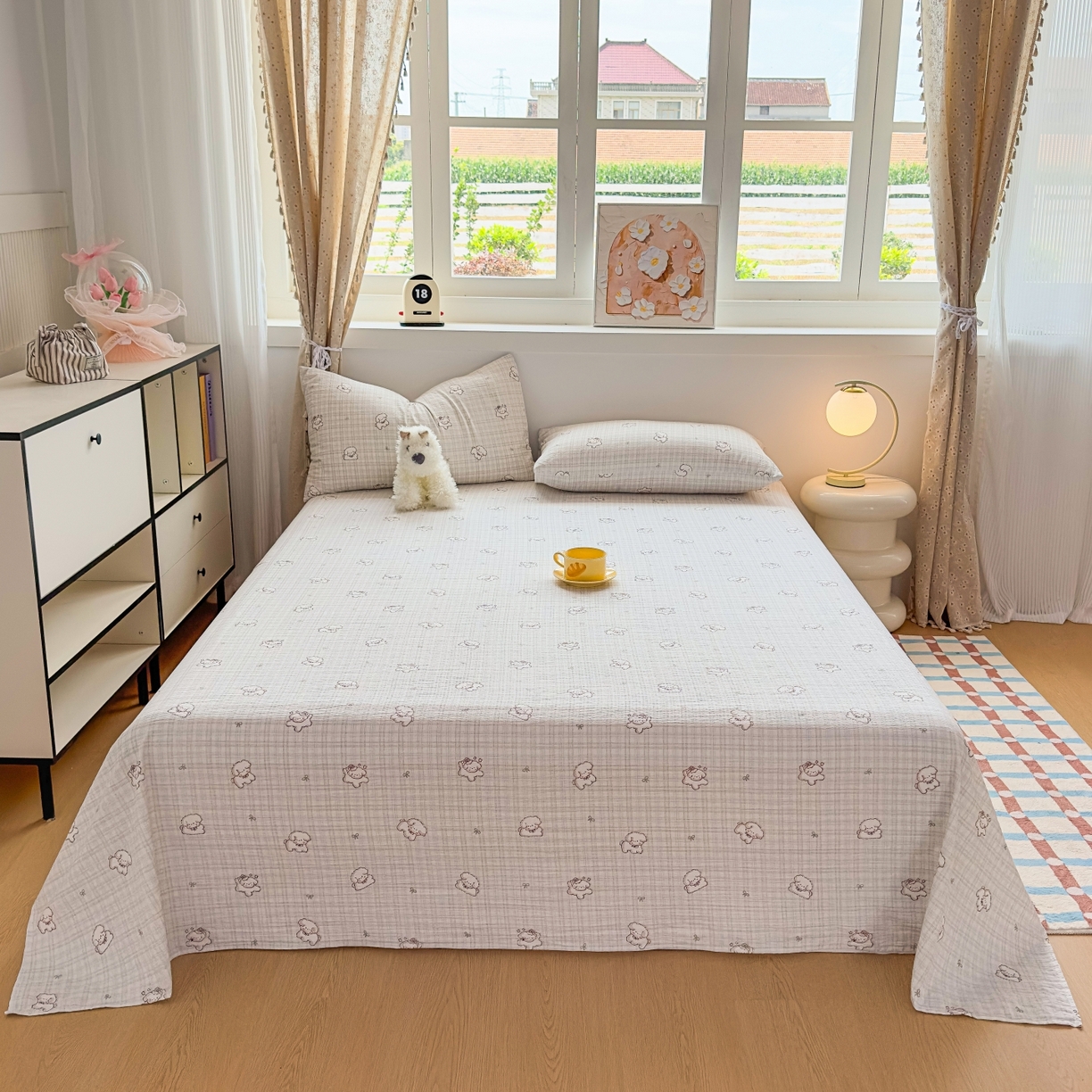 91家纺网 家纺一手货源 找家纺 麦乐迪 2025新款A类云感双层纱印花床单 格趣小狗