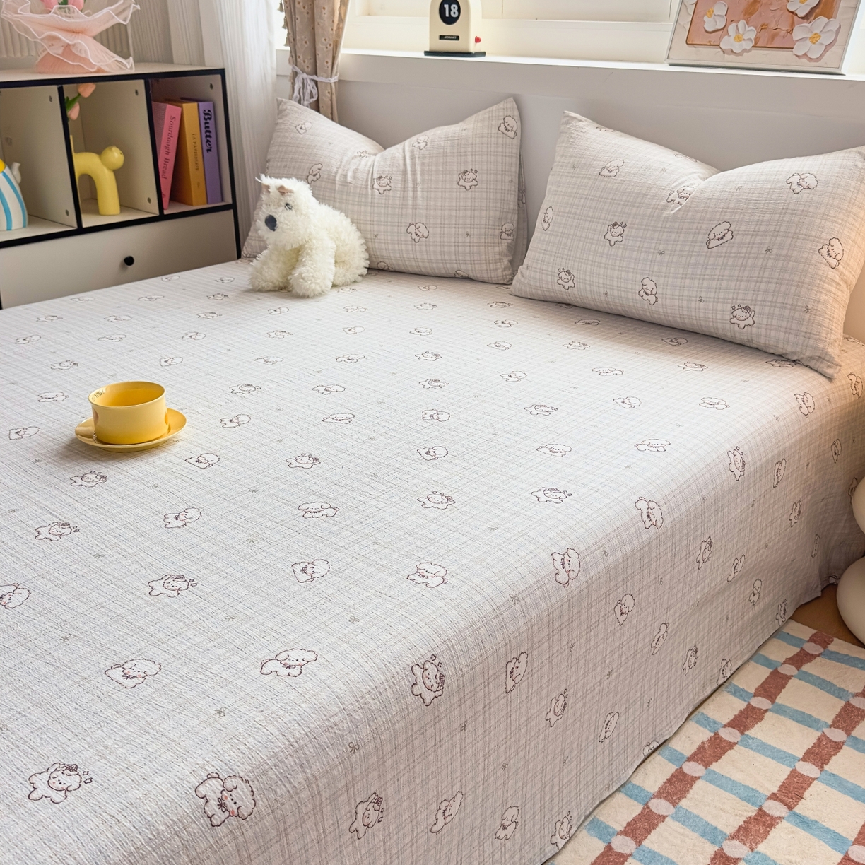 91家纺网 家纺一手货源 找家纺 麦乐迪 2025新款A类云感双层纱印花床单 格趣小狗