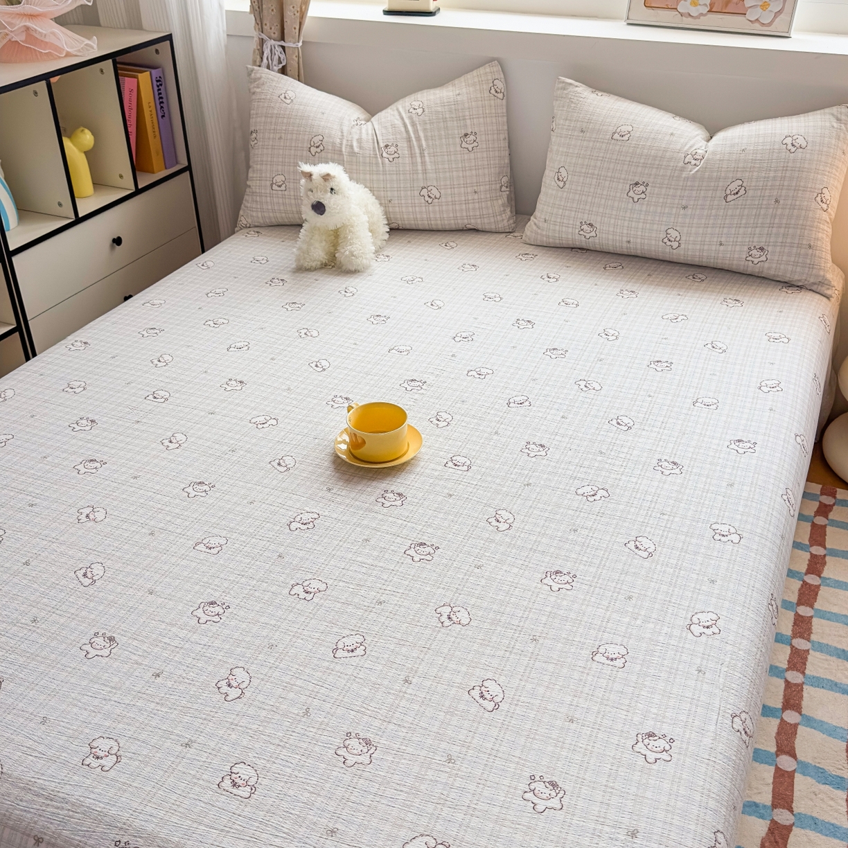 91家纺网 家纺一手货源 找家纺 麦乐迪 2025新款A类云感双层纱印花床单 格趣小狗