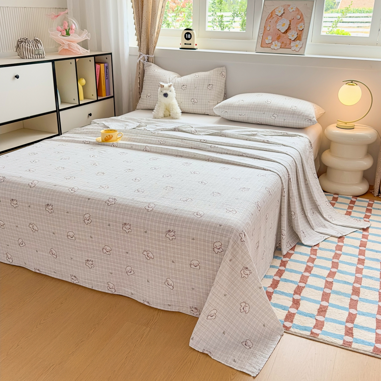 91家纺网 家纺一手货源 找家纺 麦乐迪 2025新款A类云感双层纱印花床单 格趣小狗