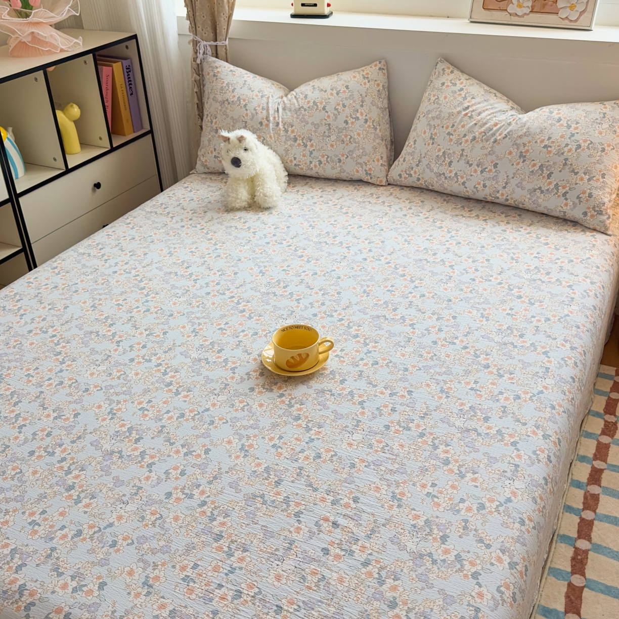 91家纺网 家纺一手货源 找家纺 麦乐迪 2025新款A类云感双层纱印花床单 浅海花影