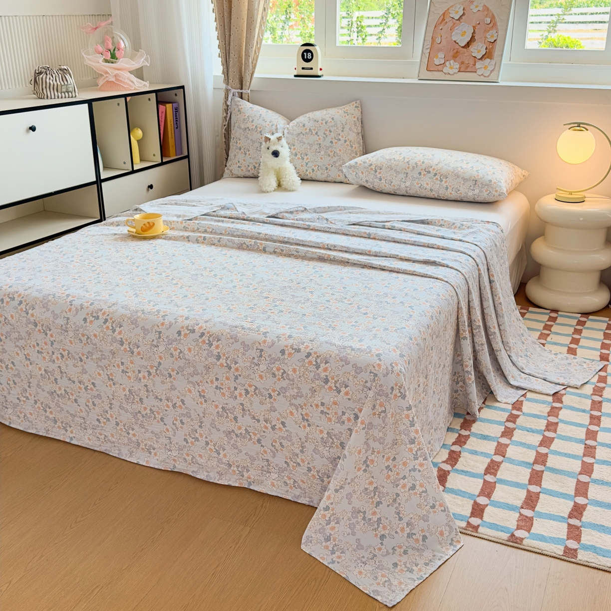 91家纺网 家纺一手货源 找家纺 麦乐迪 2025新款A类云感双层纱印花床单 浅海花影