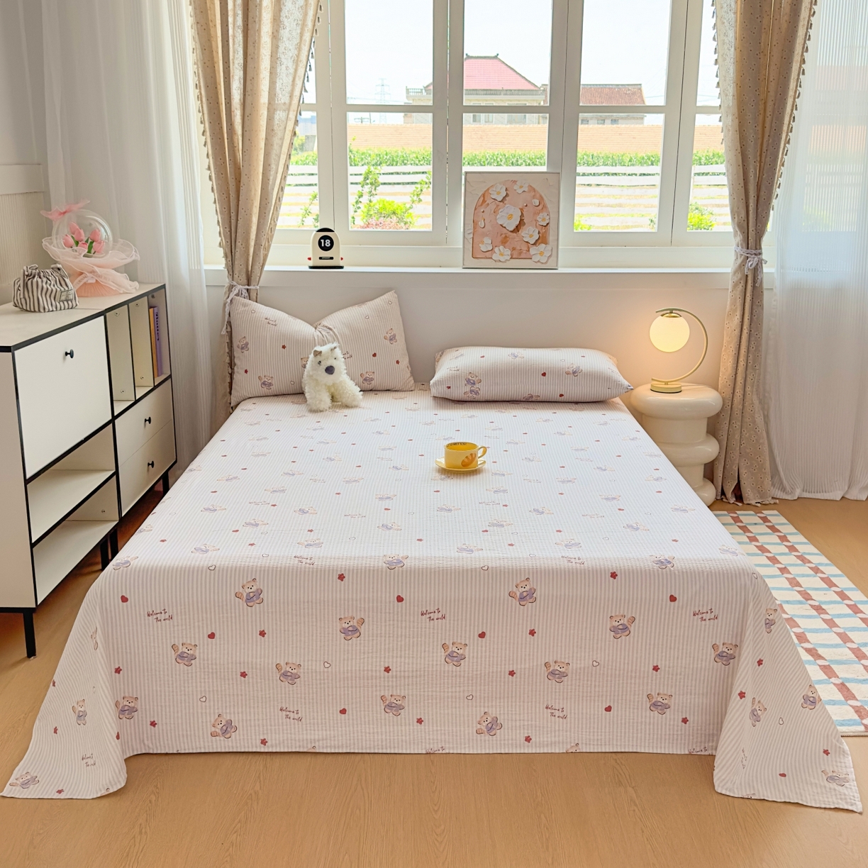 91家纺网 家纺一手货源 找家纺 麦乐迪 2025新款A类云感双层纱印花床单 棕熊条纹灰