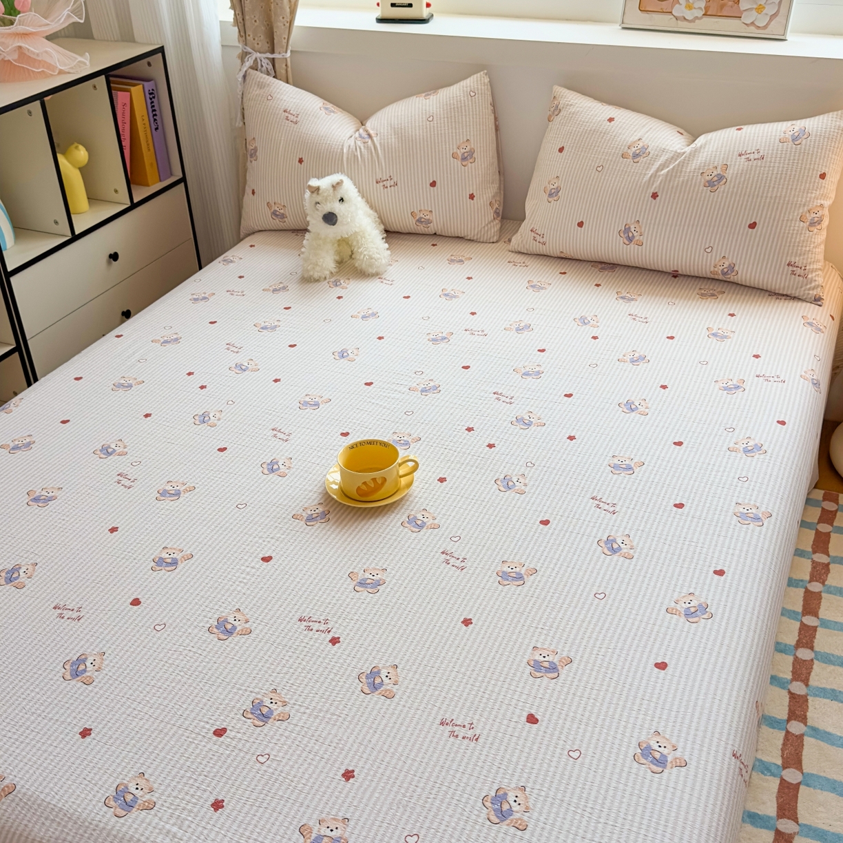 91家纺网 家纺一手货源 找家纺 麦乐迪 2025新款A类云感双层纱印花床单 棕熊条纹灰