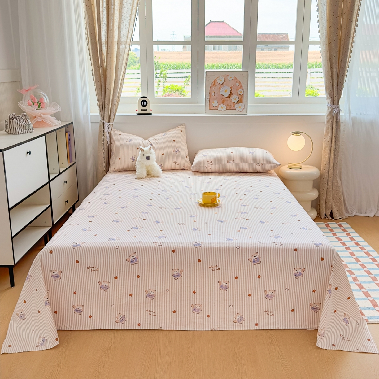 91家纺网 家纺一手货源 找家纺 麦乐迪 2025新款A类云感双层纱印花床单 棕熊条纹棕