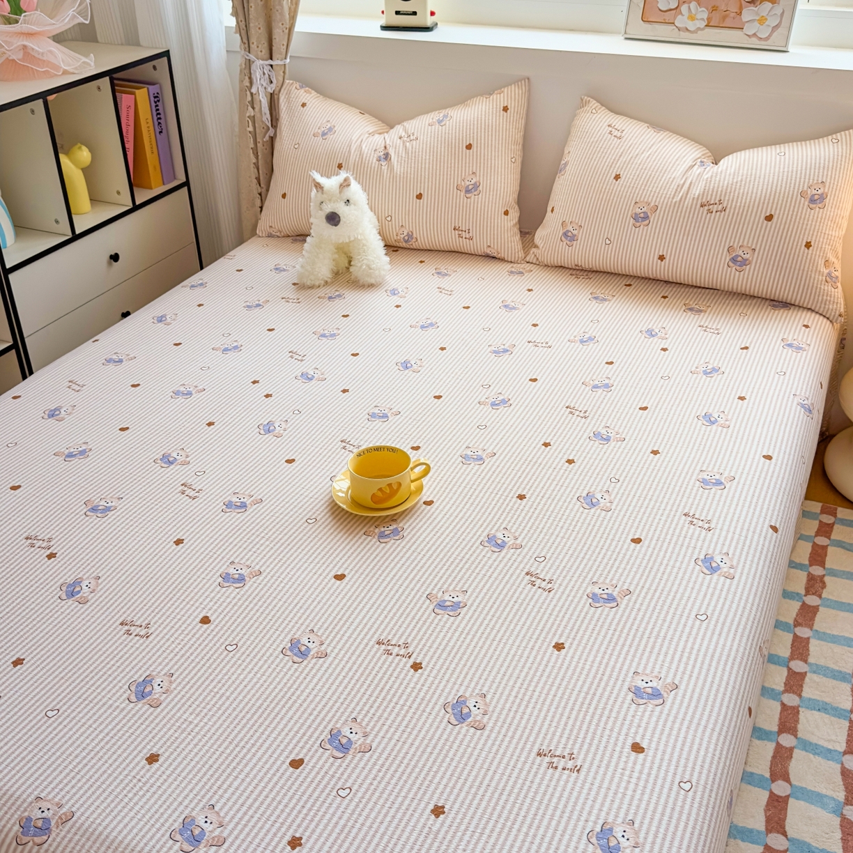 91家纺网 家纺一手货源 找家纺 麦乐迪 2025新款A类云感双层纱印花床单 棕熊条纹棕