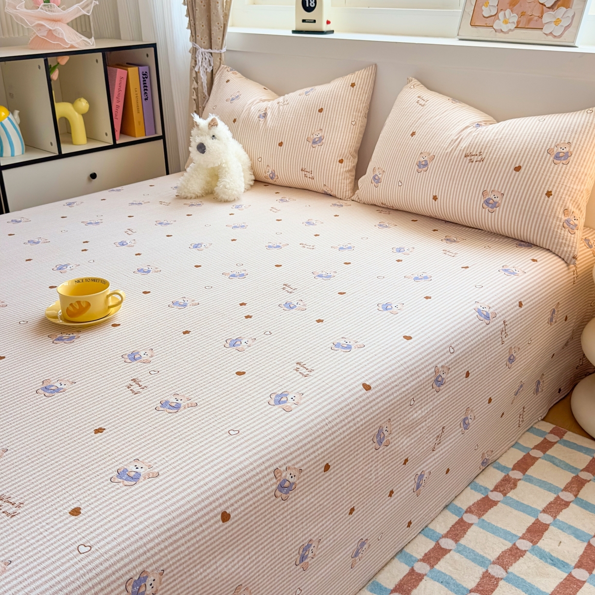 91家纺网 家纺一手货源 找家纺 麦乐迪 2025新款A类云感双层纱印花床单 棕熊条纹棕