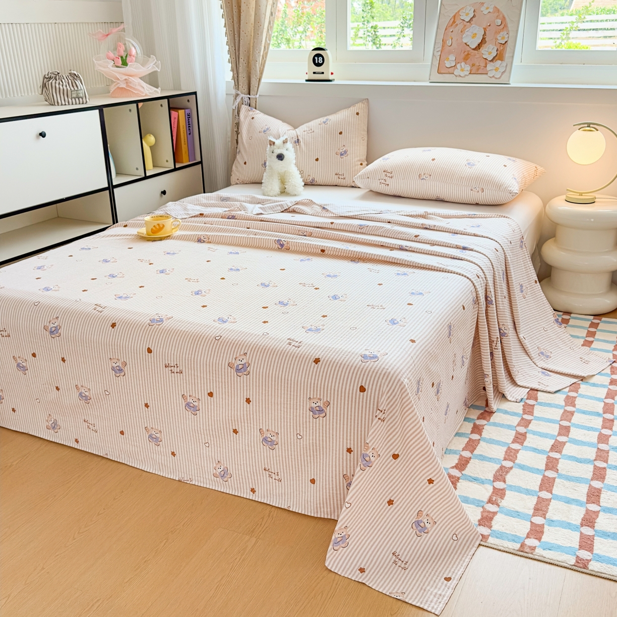 91家纺网 家纺一手货源 找家纺 麦乐迪 2025新款A类云感双层纱印花床单 棕熊条纹棕