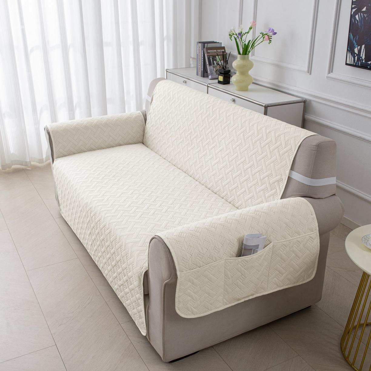 91家纺网 家纺一手货源 找家纺 飞翔家纺沙发套 2025新款乱纹加棉沙发套 米白色