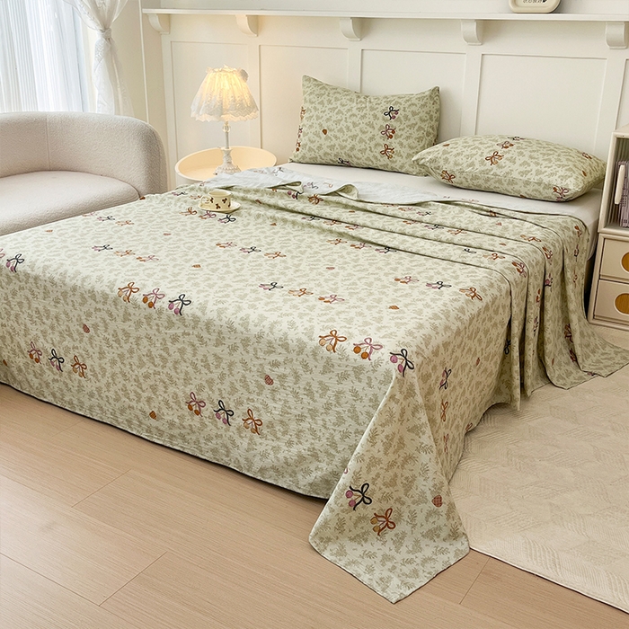 91家纺网 家纺一手货源 找家纺 麦乐迪 2025新款A类云感双层纱印花床单 殷桃结-绿