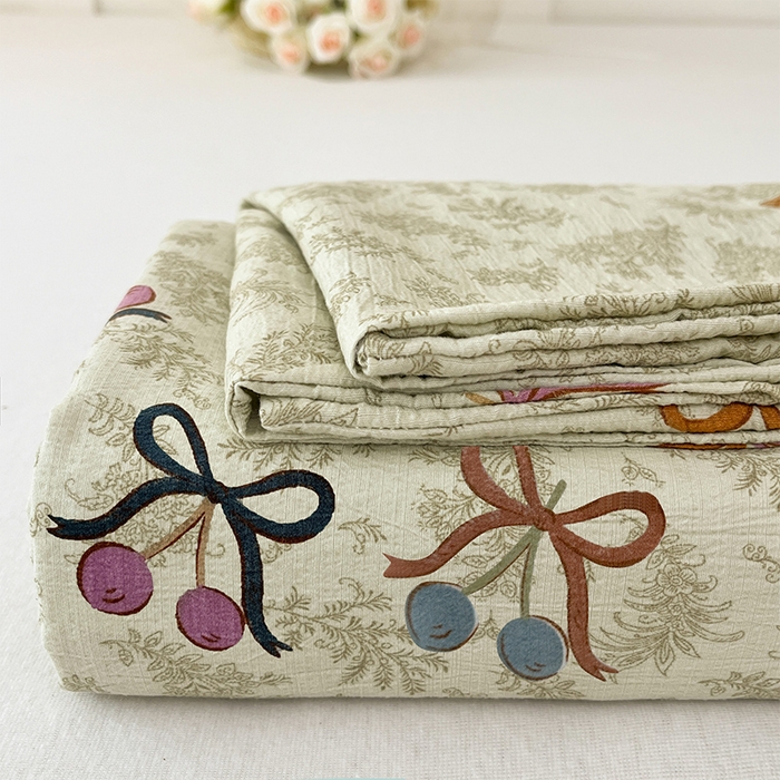 麦乐迪 2025新款A类云感双层纱印花床单 殷桃结-绿