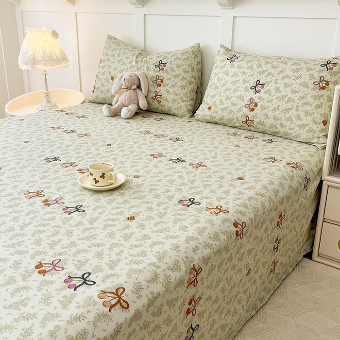 91家纺网 家纺一手货源 找家纺 麦乐迪 2025新款A类云感双层纱印花床单 殷桃结-绿