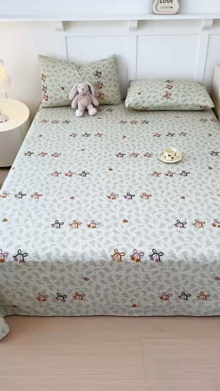 91家纺网 家纺一手货源 找家纺 麦乐迪 2025新款A类云感双层纱印花床单 殷桃结-绿