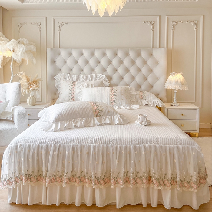 91家纺网 家纺一手货源 找家纺 （总）瑞宝 2025新款全棉花边床裙三件套系列-落日甜茶