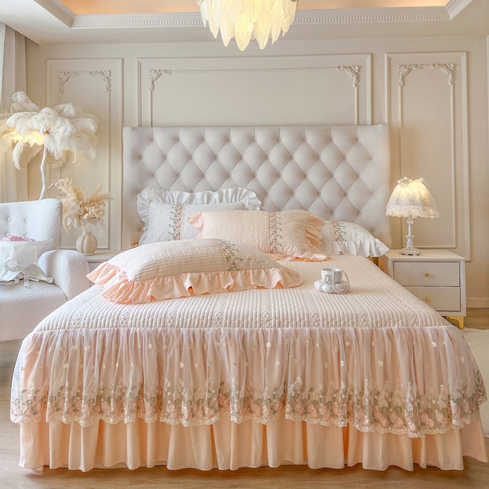 91家纺网 家纺一手货源 找家纺 （总）瑞宝 2025新款全棉花边床裙三件套系列-落日甜茶