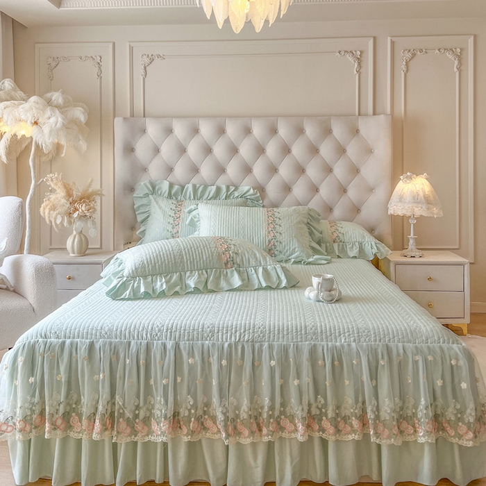 91家纺网 家纺一手货源 找家纺 （总）瑞宝 2025新款全棉花边床裙三件套系列-落日甜茶