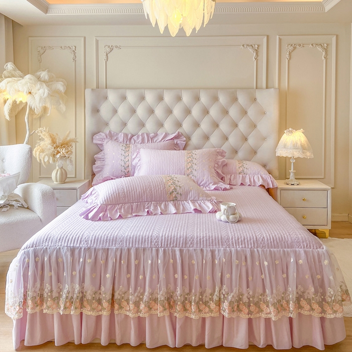 91家纺网 家纺一手货源 找家纺 （总）瑞宝 2025新款全棉花边床裙三件套系列-落日甜茶