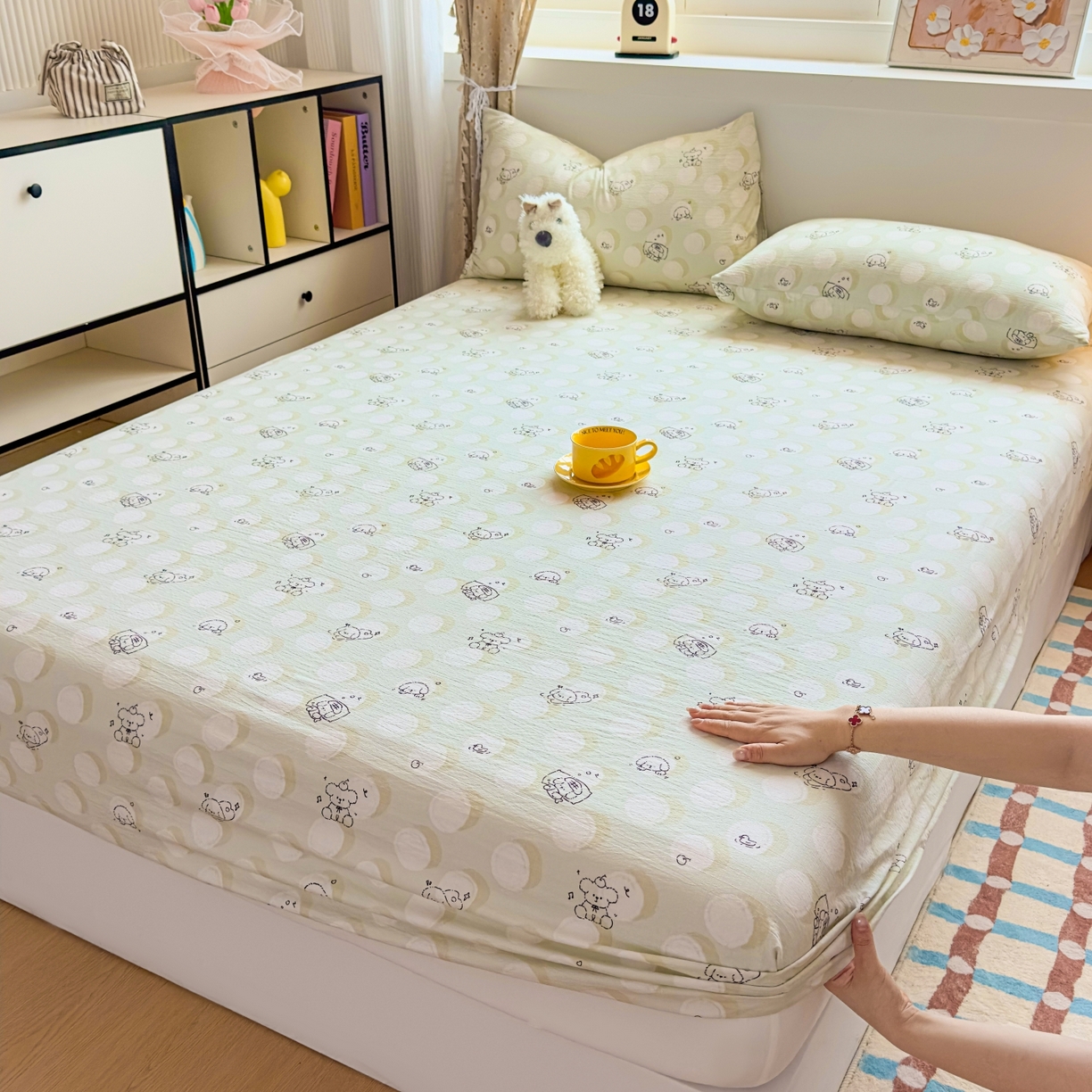 91家纺网 家纺一手货源 找家纺 麦乐迪 2025新款A类云感双层纱印花床笠 薄荷小狗