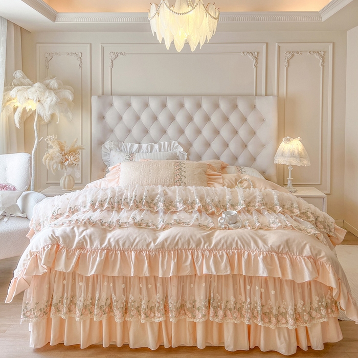 91家纺网 家纺一手货源 找家纺 瑞宝 2025新款全棉花边床裙三件套系列-落日甜茶 落日甜茶-梦幻玉