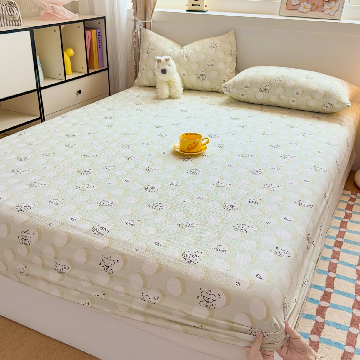 91家纺网 家纺一手货源 找家纺 麦乐迪 2025新款A类云感双层纱印花床笠 薄荷小狗