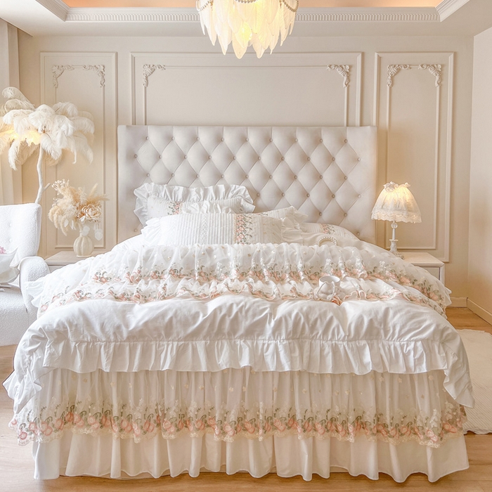 91家纺网 家纺一手货源 找家纺 瑞宝 2025新款全棉花边床裙三件套系列-落日甜茶 落日甜茶-奶油白