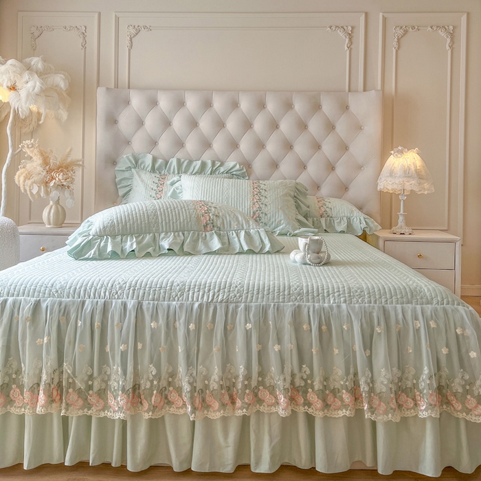 91家纺网 家纺一手货源 找家纺 瑞宝 2025新款全棉花边床裙三件套系列-落日甜茶 落日甜茶-青柠绿