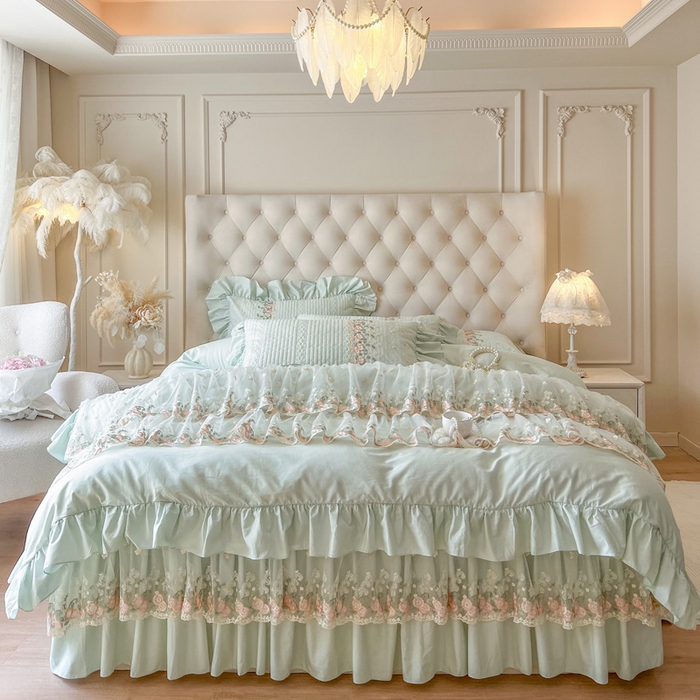 91家纺网 家纺一手货源 找家纺 瑞宝 2025新款全棉花边床裙三件套系列-落日甜茶 落日甜茶-青柠绿