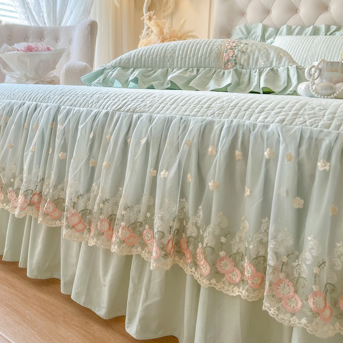 91家纺网 家纺一手货源 找家纺 瑞宝 2025新款全棉花边床裙三件套系列-落日甜茶 落日甜茶-青柠绿