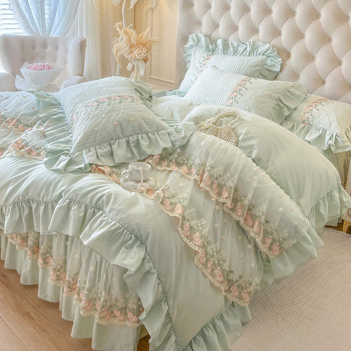 91家纺网 家纺一手货源 找家纺 瑞宝 2025新款全棉花边床裙三件套系列-落日甜茶 落日甜茶-青柠绿