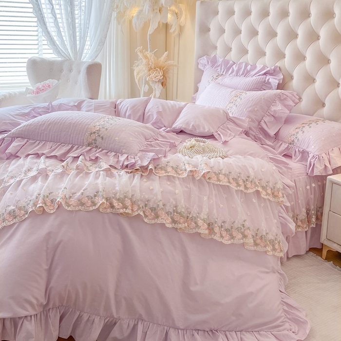 91家纺网 家纺一手货源 找家纺 瑞宝 2025新款全棉花边床裙三件套系列-落日甜茶 落日甜茶-甜紫