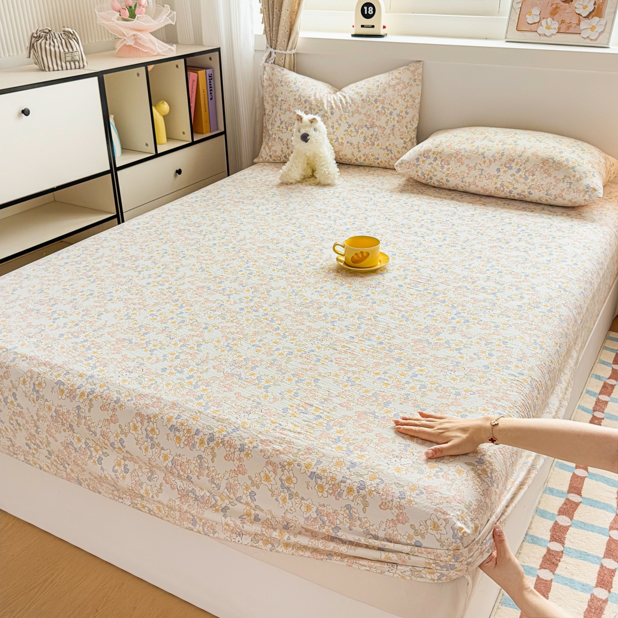 91家纺网 家纺一手货源 找家纺 麦乐迪 2025新款A类云感双层纱印花床笠 春日花笺