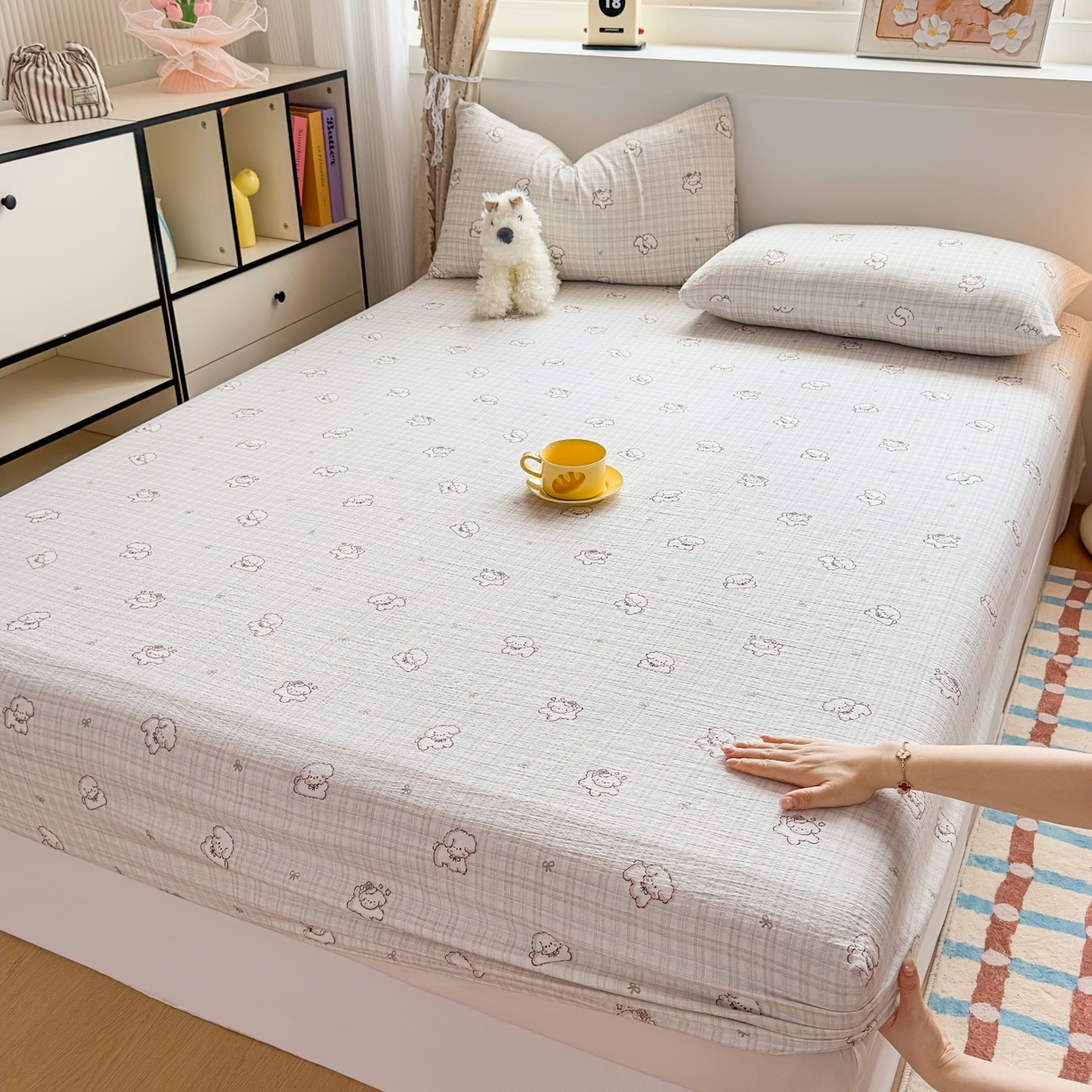 91家纺网 家纺一手货源 找家纺 麦乐迪 2025新款A类云感双层纱印花床笠 格趣小狗