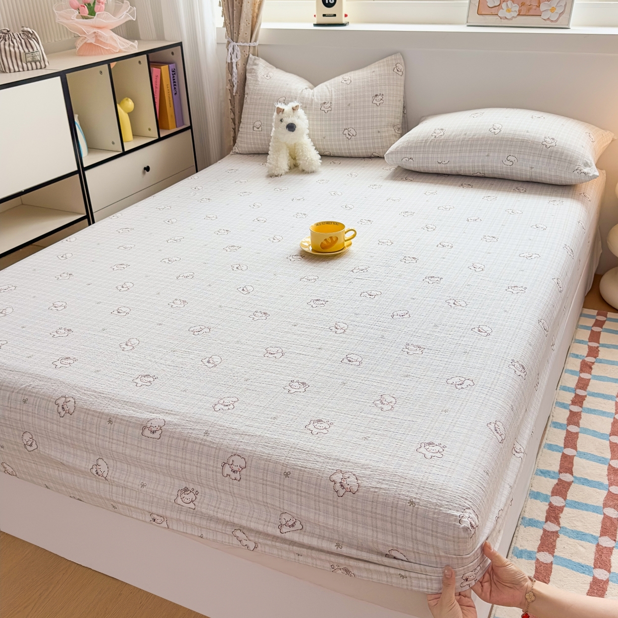 91家纺网 家纺一手货源 找家纺 麦乐迪 2025新款A类云感双层纱印花床笠 格趣小狗