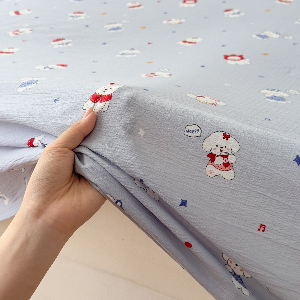 91家纺网 家纺一手货源 找家纺 麦乐迪 2025新款A类云感双层纱印花床单 湛蓝萌犬