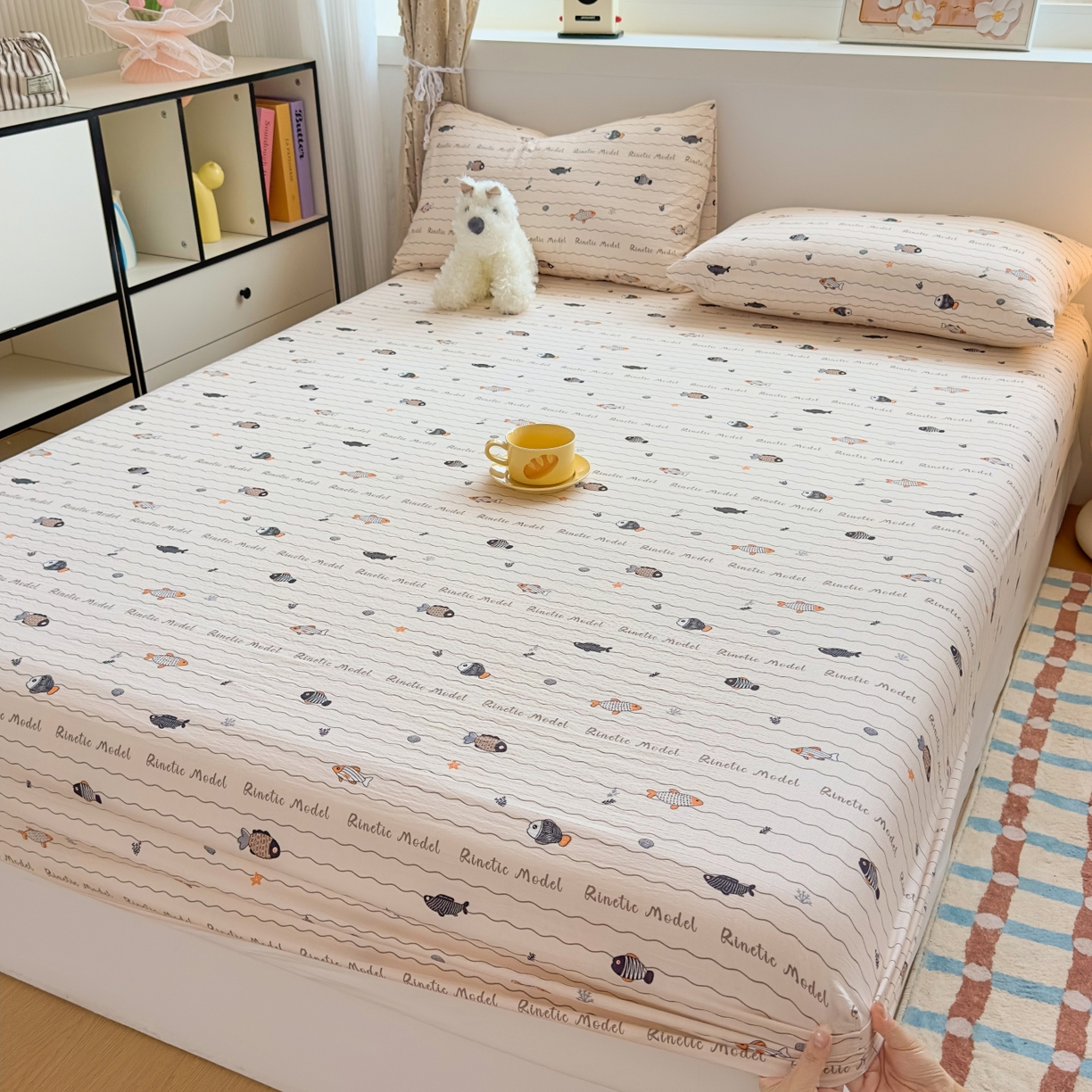 91家纺网 家纺一手货源 找家纺 麦乐迪 2025新款A类云感双层纱印花床笠 海洋日记