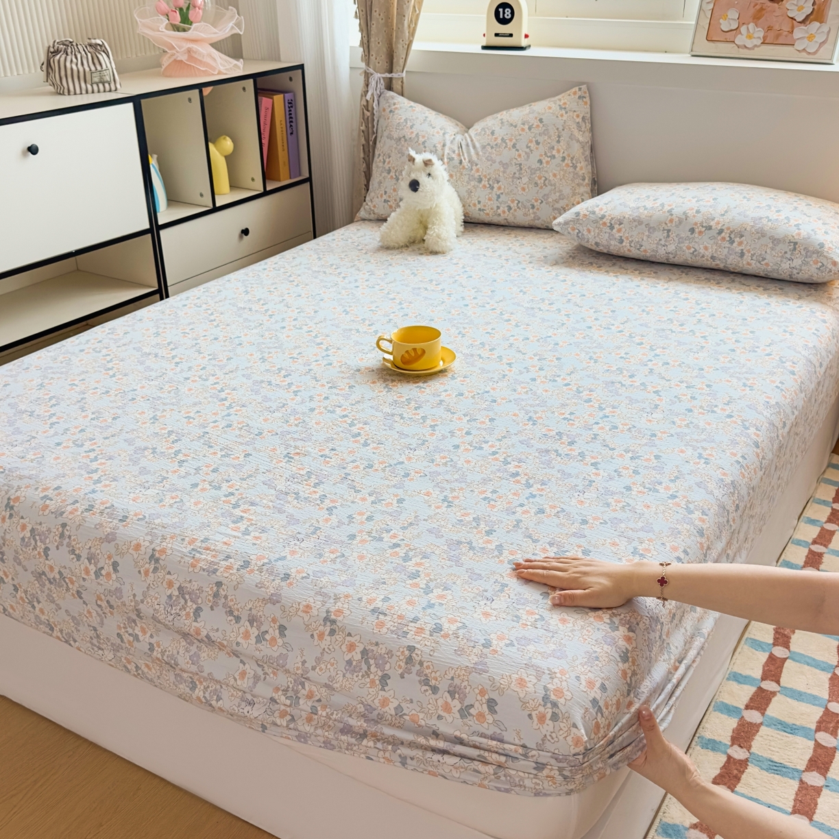 91家纺网 家纺一手货源 找家纺 麦乐迪 2025新款A类云感双层纱印花床笠 浅海花影