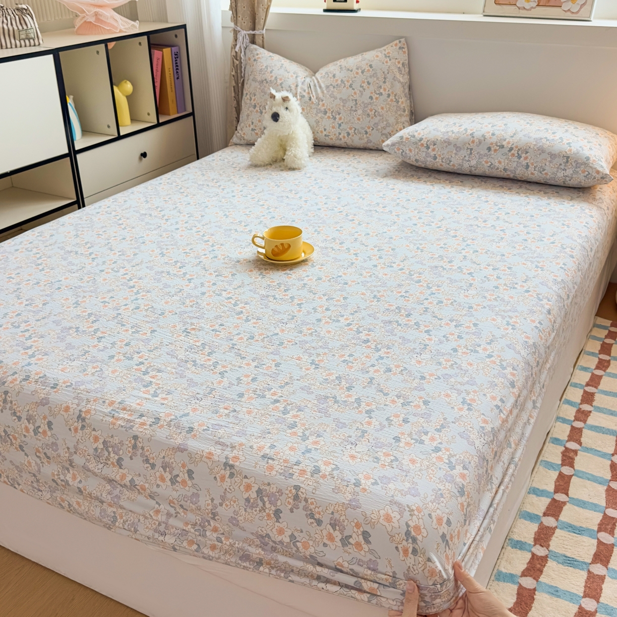 91家纺网 家纺一手货源 找家纺 麦乐迪 2025新款A类云感双层纱印花床笠 浅海花影