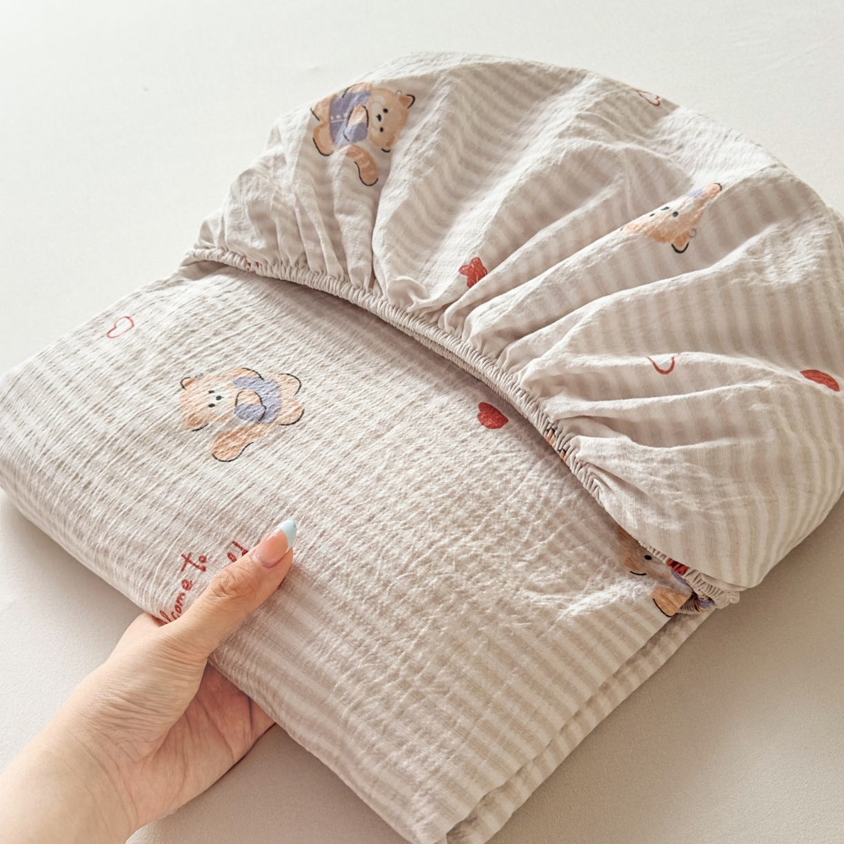 麦乐迪 2025新款A类云感双层纱印花床笠 棕熊条纹灰