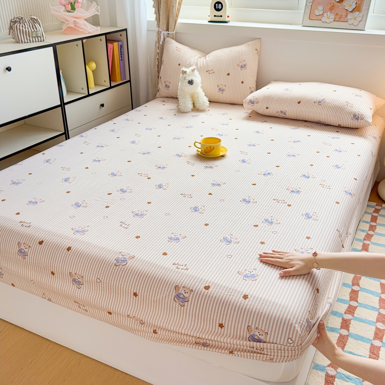 91家纺网 家纺一手货源 找家纺 麦乐迪 2025新款A类云感双层纱印花床笠 棕熊条纹棕