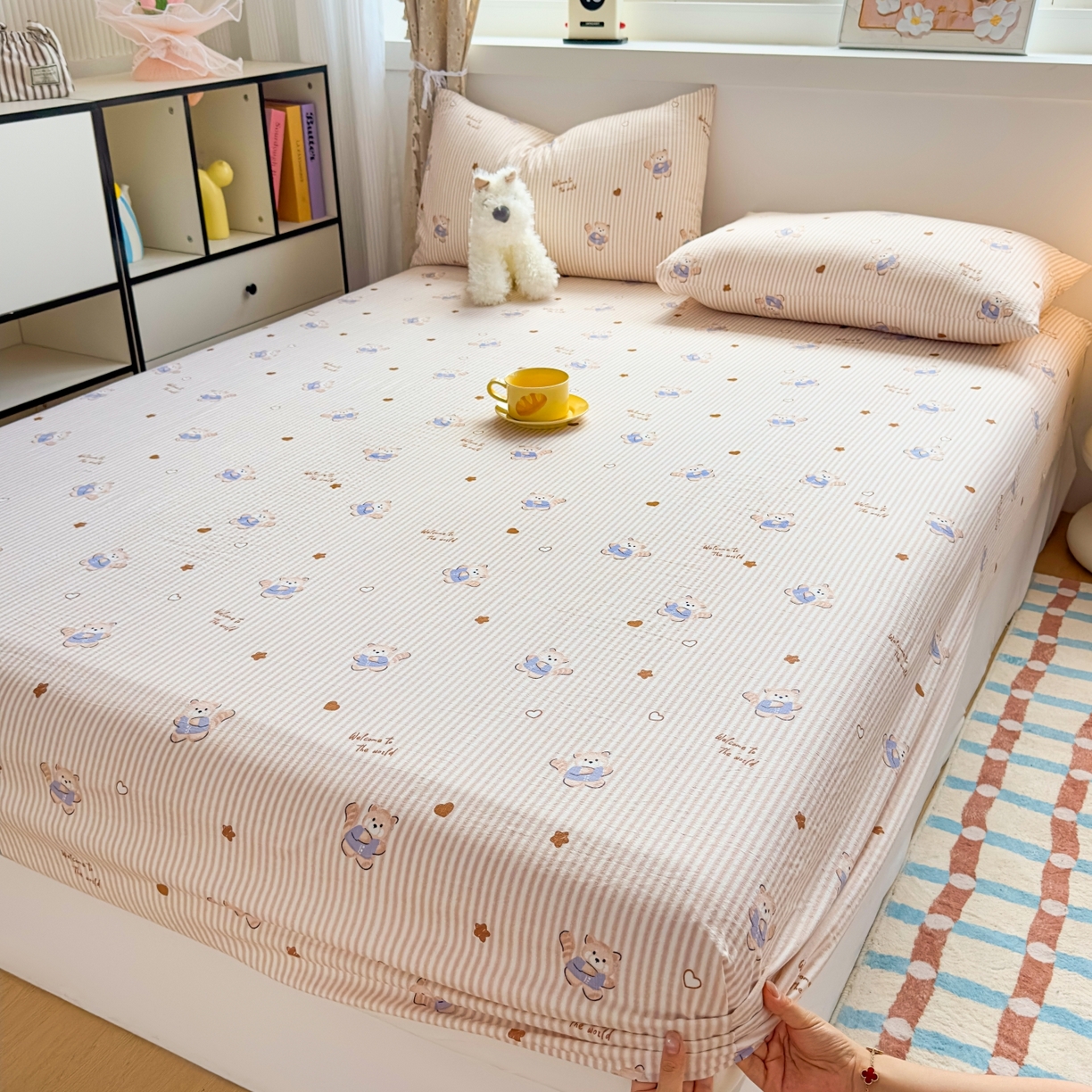 91家纺网 家纺一手货源 找家纺 麦乐迪 2025新款A类云感双层纱印花床笠 棕熊条纹棕