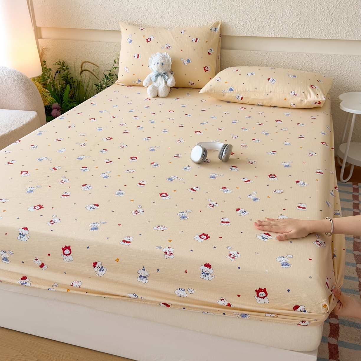 91家纺网 家纺一手货源 找家纺 麦乐迪 2025新款A类云感双层纱印花床笠 萌趣乐园