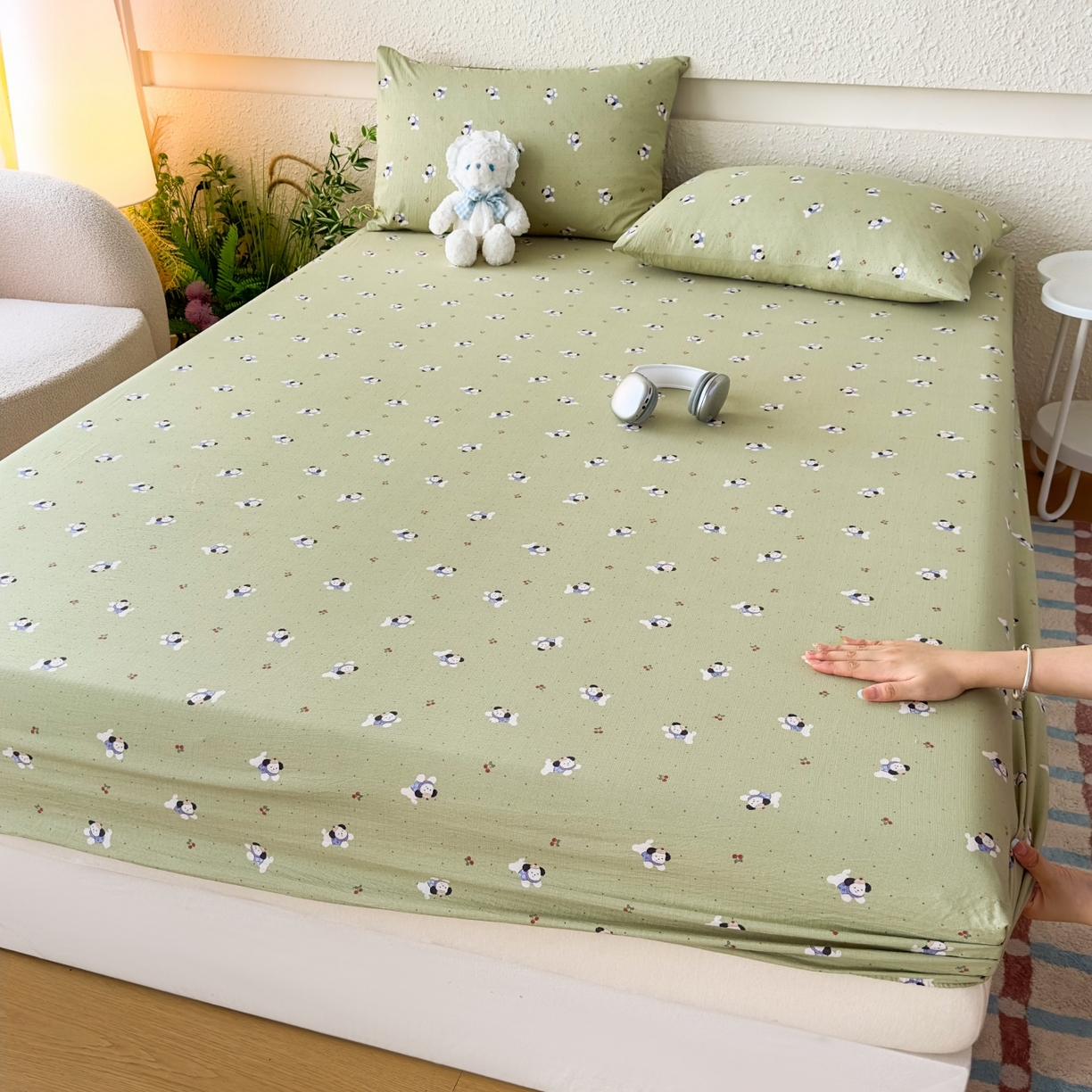 91家纺网 家纺一手货源 找家纺 麦乐迪 2025新款A类云感双层纱印花床笠 青趣萌狗