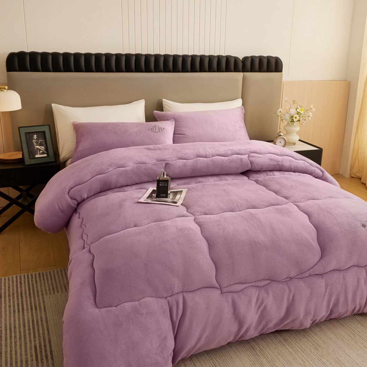 91家纺网 家纺一手货源 找家纺 百花王 2025新款牛奶绒刺绣款冬被被子被芯 紫色
