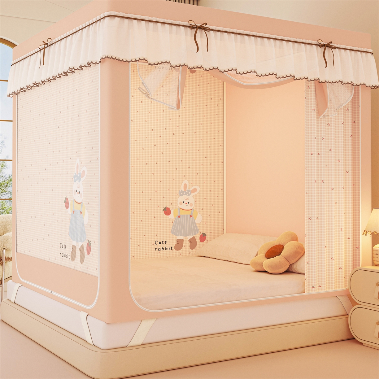 91家纺网 家纺一手货源 找家纺 （总）艾晶美家纺有限公司 2025新款大版花卡通家用坐式遮光床帘蚊帐