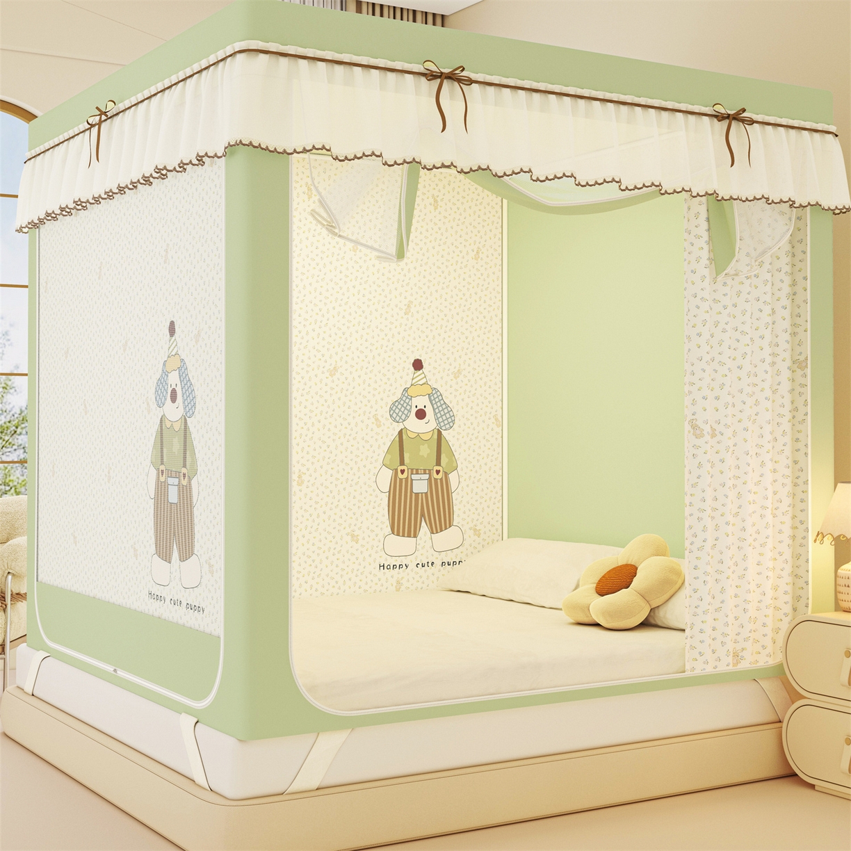 91家纺网 家纺一手货源 找家纺 （总）艾晶美家纺有限公司 2025新款大版花卡通家用坐式遮光床帘蚊帐