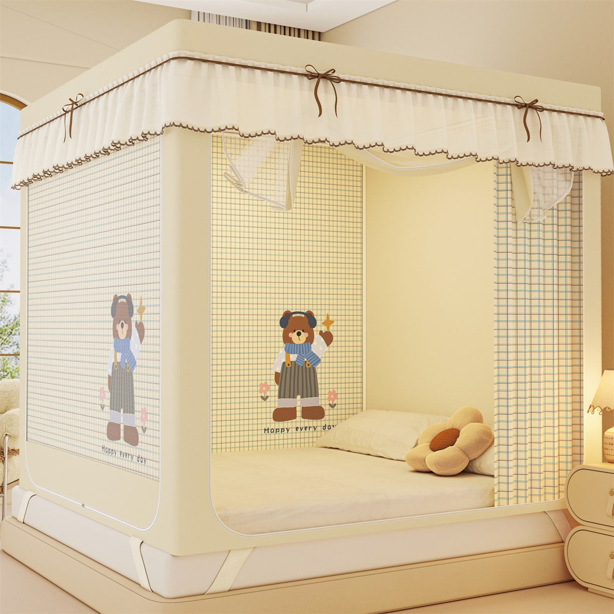 91家纺网 家纺一手货源 找家纺 （总）艾晶美家纺有限公司 2025新款大版花卡通家用坐式遮光床帘蚊帐