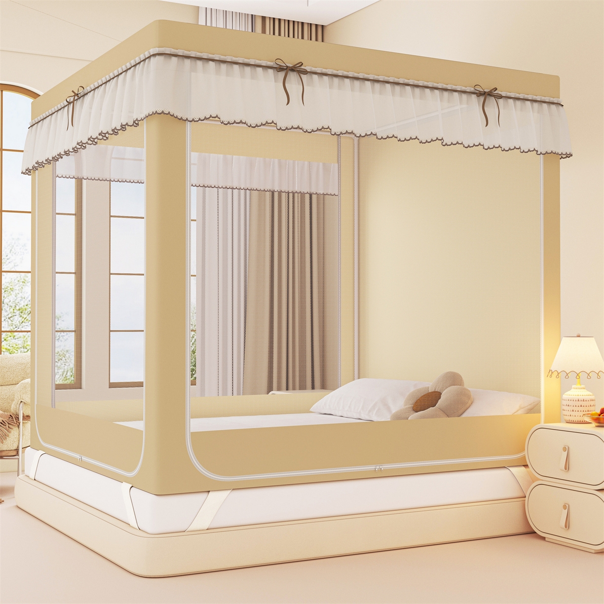 91家纺网 家纺一手货源 找家纺 艾晶美家纺有限公司 2025新款大版花卡通家用坐式遮光床帘蚊帐 音乐猫