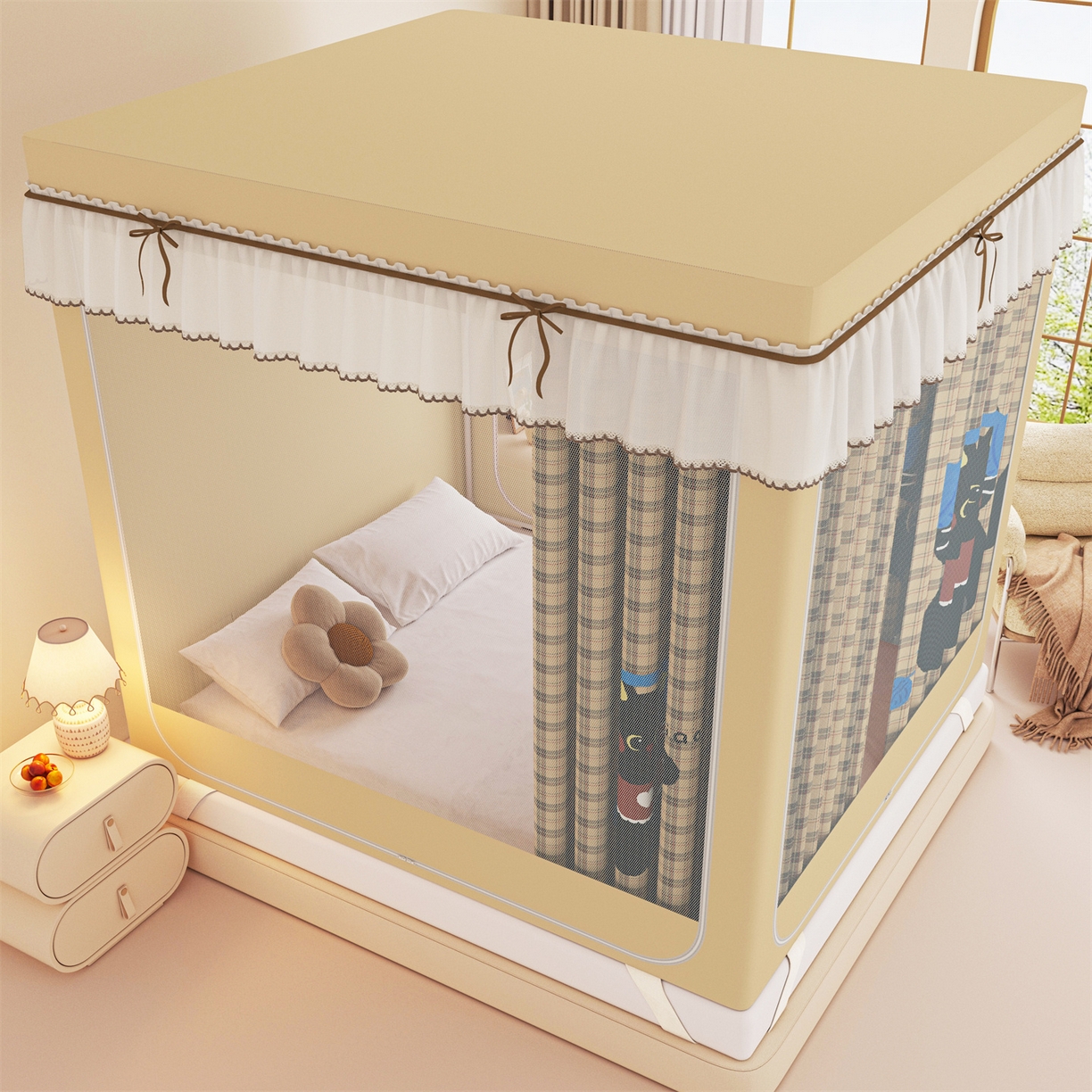 91家纺网 家纺一手货源 找家纺 艾晶美家纺有限公司 2025新款大版花卡通家用坐式遮光床帘蚊帐 音乐猫